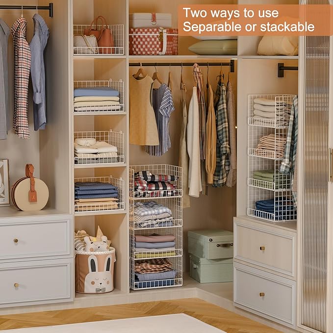 Yociyoga 4-Tier Stackable Closet Organizers and Storage Basket, Foldable Closet Shelf Organizer System, Space-Saving Clothes Storage Drawer Organizer for Wardrobe, White ((Patent 30022416))