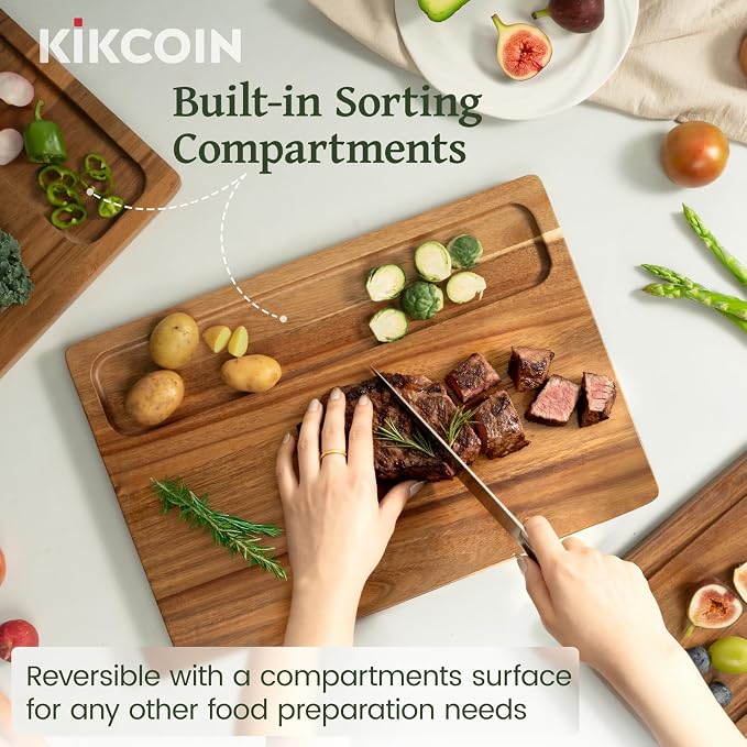 Kikcoin Acacia Wood Cutting Board Set of 3, Wooden Cutting Boards for Kitchen with Deep Juice Grooves, Butcher Block Wooden Chopping Board for Meat, Large Solid Charcuterie Boards Serving Tray