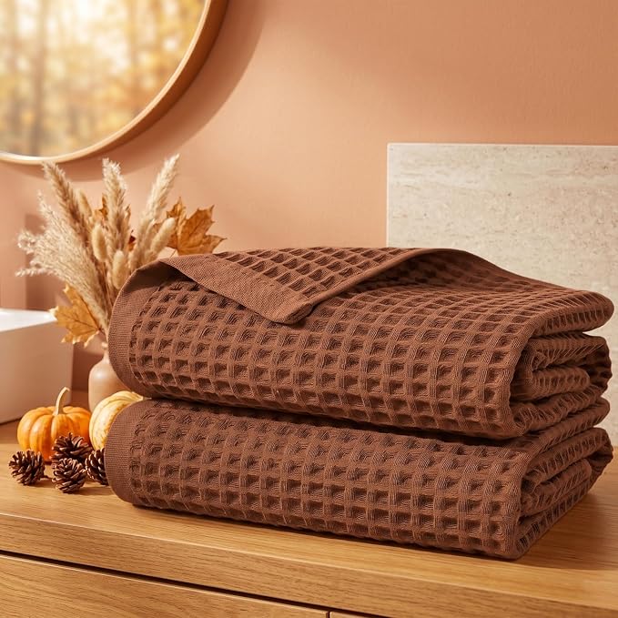Waffle Bath Towels Set of 2 (Rust) - Fall Bathroom Decor, Large 31” x 62” | Low Lint, Lightweight & Quick Dry Cotton Towels