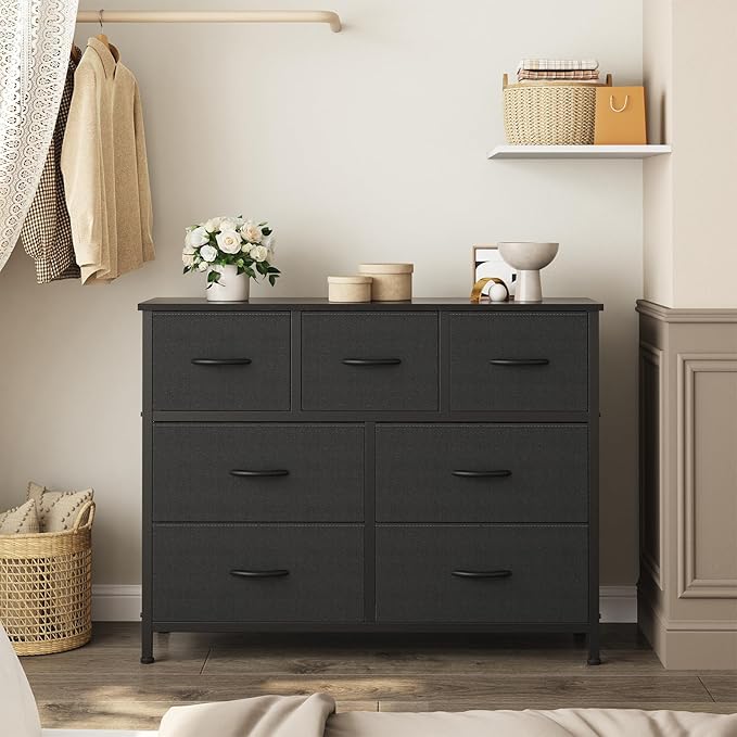 OLIXIS Dresser for Bedroom with 7 Fabric Drawers Storage Organizer Closet Chest Clothes Cabinet Vertical Dresser for Living Room Entryway Hallway,Black