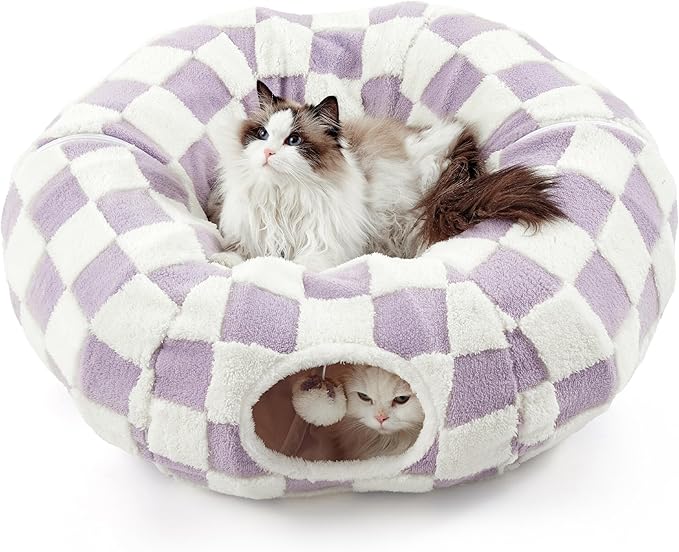 Lesure Cat Tunnel Bed for Indoor Cats - Cute Cat Donut Tunnel Toys for Small Large Cats with Washable Circle Cushion, Round Pet Peekaboo Cave Toy for Kitten/Puppy/Rabbit, Standard Lavender Checks