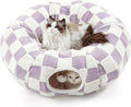 Lesure Cat Tunnel Bed for Indoor Cats - Cute Cat Donut Tunnel Toys for Small Large Cats with Washable Circle Cushion, Round Pet Peekaboo Cave Toy for Kitten/Puppy/Rabbit, Standard Lavender Checks