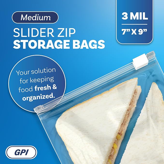 100 Count - Slider Zip Food Storage Sandwich Bags, 7" x 9" 3 Mil Heavy Duty, Strong & Durable For Freezer Storage, For Sandwiches, Snacks & More. GPI
