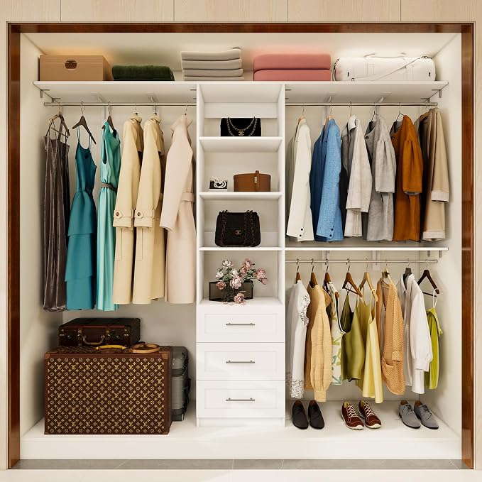 96 inch Closet System with Wooden Drawers, 5FT-8FT Closet Organizer System with Shelving Tower, Walkin Closet System with Expandable Hanging Rods & Movable Shelves, Wall Mount, 91.3”*14.8”*81”,White