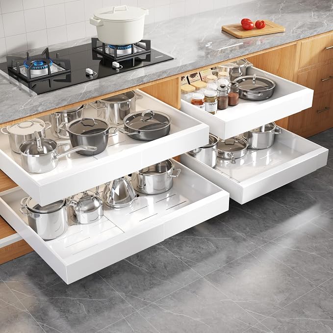 Seinloes 4 Pack Expandable Width (15.15"-26.3") Pull Out Cabinet Organizer 21" Deep with Raising Pad for Framed Cabinets, Upgrade 3 Slide Rails Slide Out Drawers, Roll Out Shelves Adhesive, White