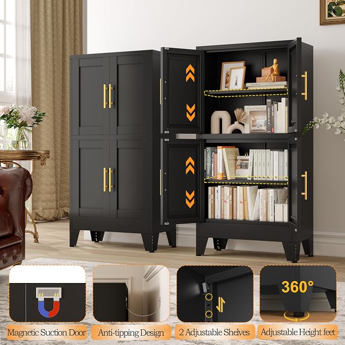 GAIOUS 47.25" Metal Storage Cabinet, Black Kitchen Food Cabinet with 4 Door | and 2 Adjustable Shelves, Freestanding Bathroom Cabinet, Pantry for Kitchen Dinning Room Bathroom, Cupboard, Food Storage