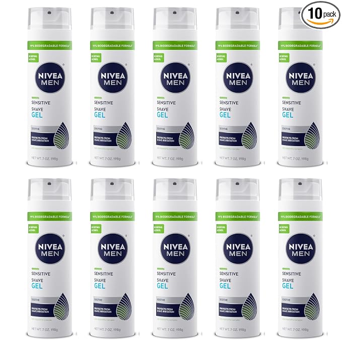 NIVEA FOR MEN Sensitive, Shaving Gel 7 Ounce (Pack of 10)