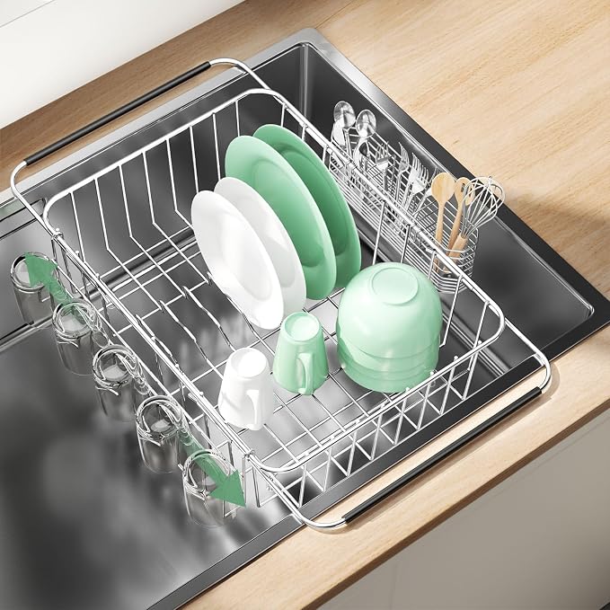 Fanbsy Dish Drying Rack in Sink, Extendable Stainless Steel Dish Drainers for Kitchen Counter, Anti-Rust Dish Dryer Rack with Utensil & Cup Holders, for Inside Sink, Over The Sink