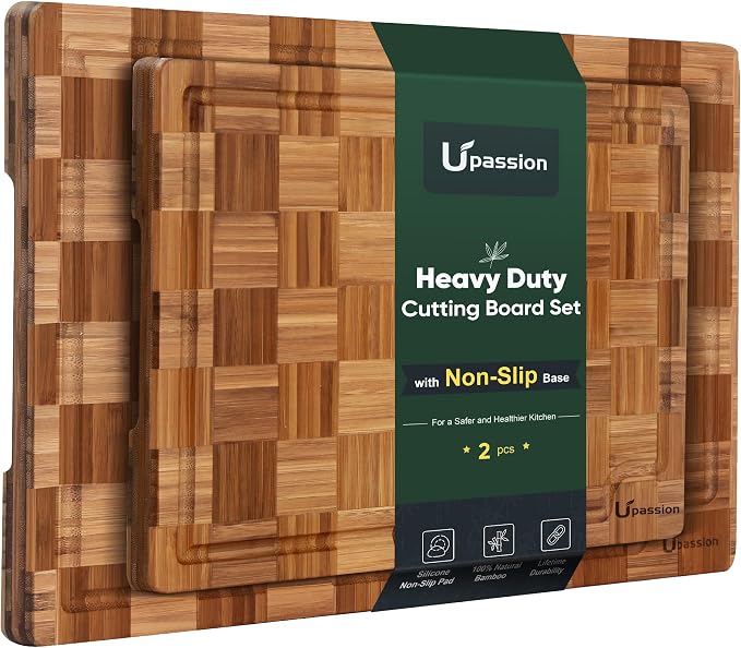 Extra Large Bamboo Cutting Boards, 2-Pack Heavy Duty Bamboo Cutting Boards Set with Juice Grooves & Non-Slip Feet –Checkered Extra Large Thick Wood Chopping Board for Meat, Fruits, Non-Toxic & Durable