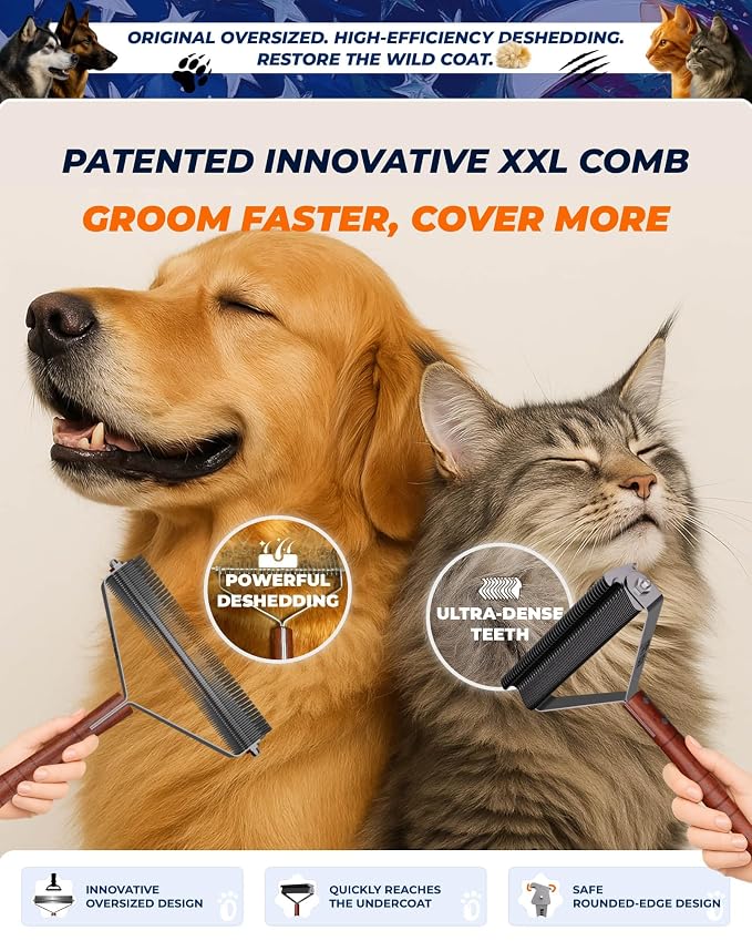 Over-Sized 2-Sided Dog Brush For Shedding Undercoat Rake for Dogs & Cats & Horses, Remove Mats, Dematting Comb,Gentle Grooming Brush for German Shepherds Medium to Long-Haired Pets(African Padauk)