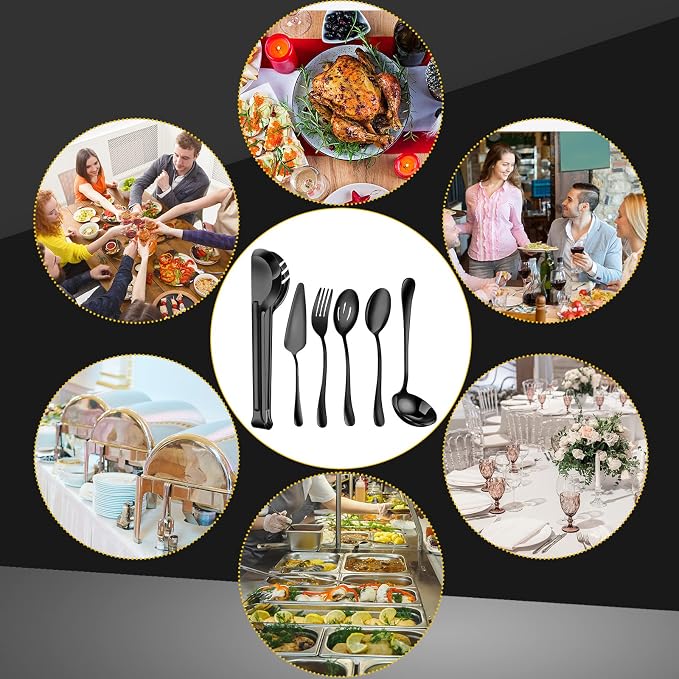 Thenshop 30 Pcs Serving Utensils Set Stainless Steel Flatware Serving Set Include Large Spoons Slotted Spoons Forks Soup Ladle Pie Server and Tongs for Buffet Catering Party Restaurant(Black)