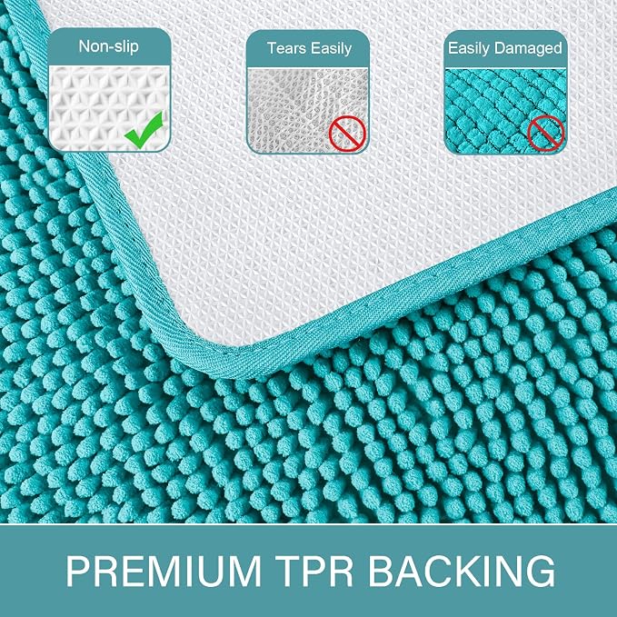LOCHAS Luxury Bathroom Rug Shaggy Bath Mat 24 x 36 Inch, Teal Blue | Washable Non Slip Bath Rugs for Bathroom Shower, Soft Plush Chenille Absorbent Carpets