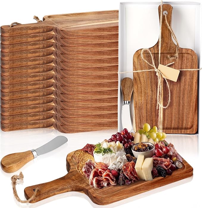 Geetery 16set Acacia Wood Charcuterie Board with Knife Wooden Serving Tray with Groove Acacia Wood Cutting Board with Card and Gift Box for Wedding Baby Shower Housewarming Gift (12 x 6 Inches)