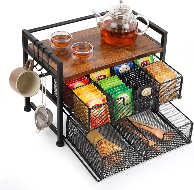 Beslands Tea Bag Organizer & Coffee Station, Matcha Kit Storage, 2 Drawers Tea Bar Tea Box Kitchen Shelf for Countertop, Teabag holder with 4 Hooks, Matcha Tea Station