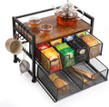 Beslands Tea Bag Organizer & Coffee Station, Matcha Kit Storage, 2 Drawers Tea Bar Tea Box Kitchen Shelf for Countertop, Teabag holder with 4 Hooks, Matcha Tea Station