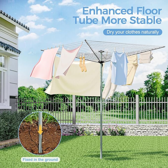 164Ft Outdoor Umbrella Clothes Drying Rack, 67.52" H | Collapsible 4-Arm Rotary Clothesline For Lawn, Garden & Backyard, Metal Frame For Outdoor Natural Laundry Drying