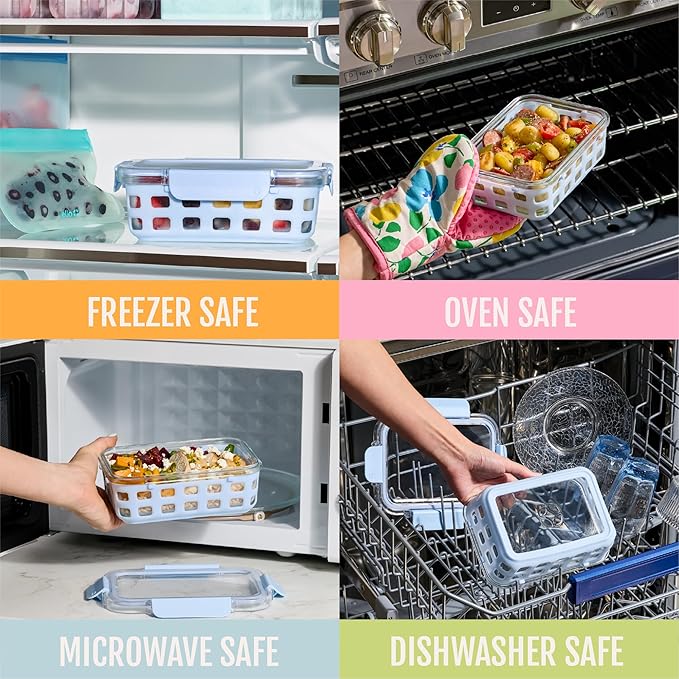 Ello Duraglass 3.4 Cup Glass Meal Prep Containers, 10 Pc, 5 Pack, Meadow | Glass meal prep set with silicone sleeves, leakproof BPA-free lids, microwave and oven safe, freezer and dishwasher safe