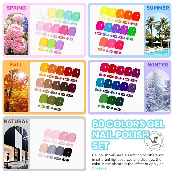 VANREESA 148Pcs Gel Nail Polish Kit with U V Light Almond Nail Tips Nail Drill -60 All Seasons Colors Gel Polish Set with 6Pcs Base Top Coat Gel Nail Kit for Beginners with Everything Gifts for Women