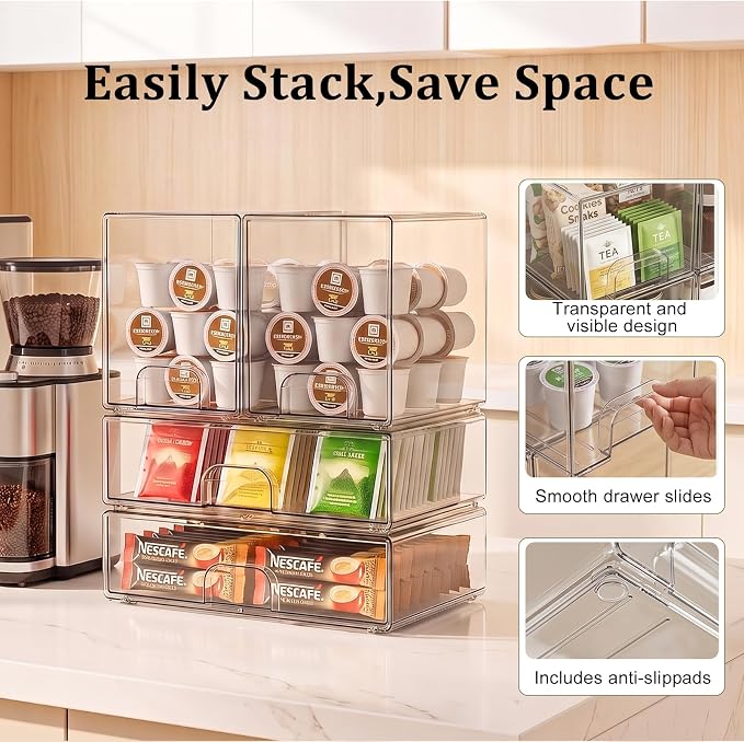 Clear Stackable Storage Drawers: Baby Bottle Storage Organizer, Acrylic Bottles Station Organizer Container for Countertop, Vanity, Bathroom, Cabinet Organization - 4 Pack
