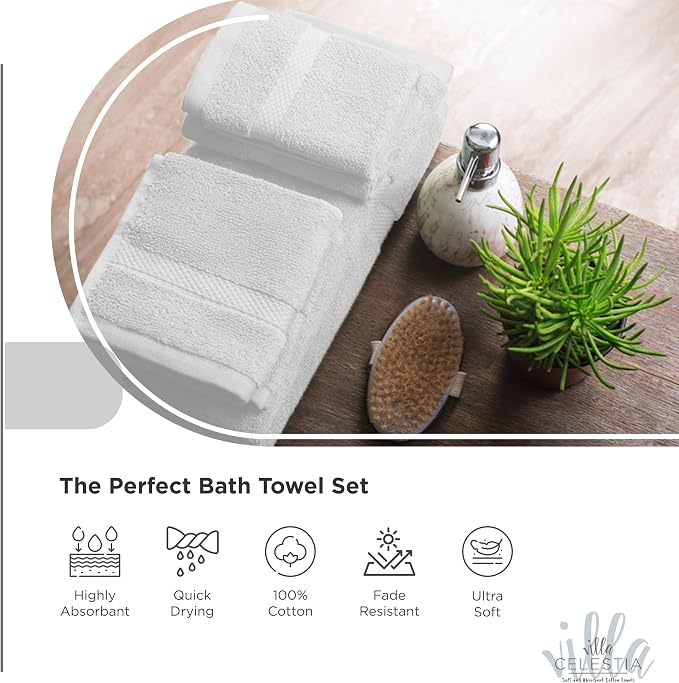 Villa Celestia 18-Piece 100% Cotton Towel Set, 4 Bath Towels, 6 Hand Towels, 8 Wash Cloth, Quick-Dry, White