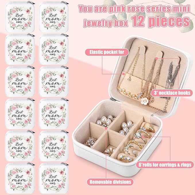 Kacctyen 12 Pieces Best Mom Ever Mini Travel Jewelry Case Bulk Mother's Day Church Gifts Watercolor Flowers Women Party Favor Gift for Secretary Girls Leather Travel Jewelry Case