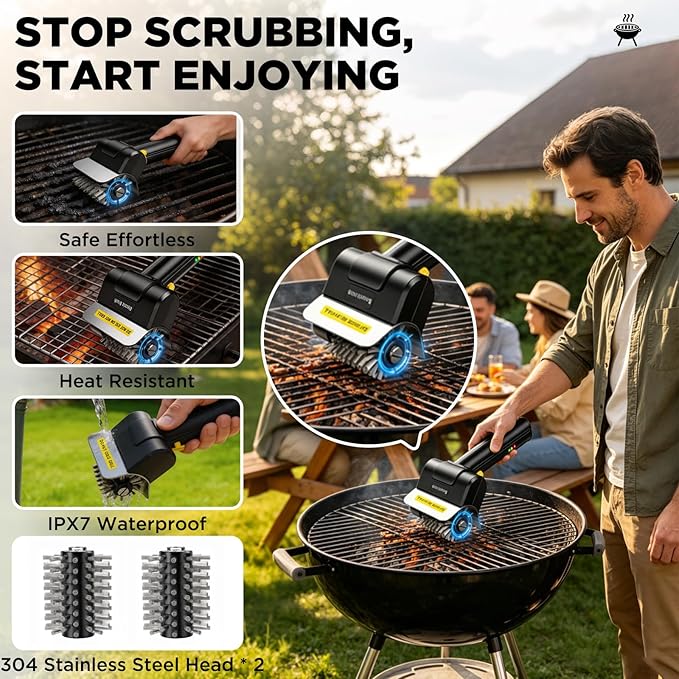 Electric BBQ Grill Brush, Rechargeable Grill Cleaning Brush with High-Speed Motor, Replacement Brush, Heavy Duty Stainless Steel Bristles, Automatic Barbecue Grate Cleaner Tool,Perfect BBQ Accessories