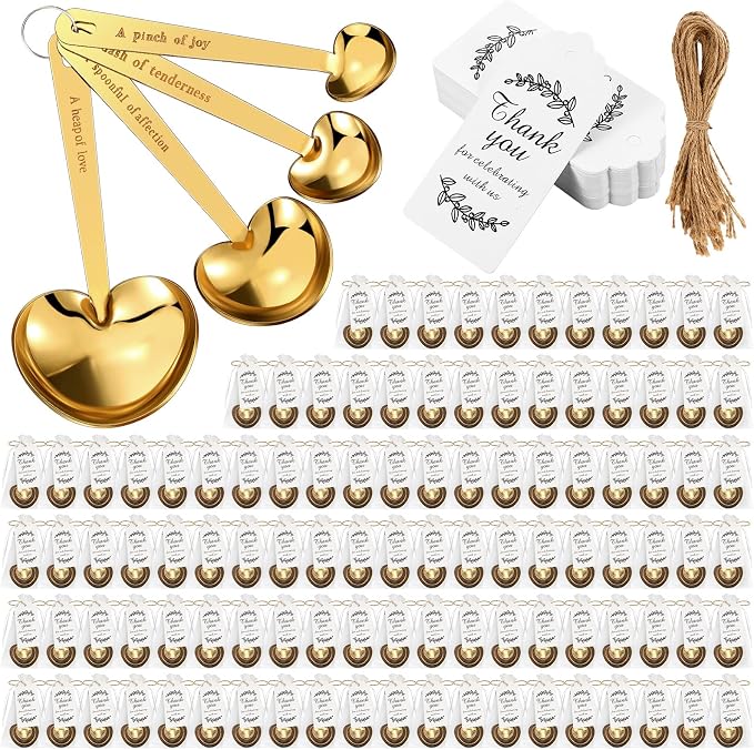Umigy 100 Set Heart Shaped Measuring Spoon Tea Spoons Wedding Baby Shower Favors for Guests Set Heart Shape Drawstring Organza Bag Gift Tag Rope for Wedding Bridal Shower Souvenir (Gold)