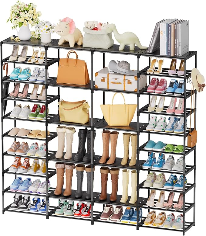 Ekisemio Large Shoe Rack Organizer for Entryway Closet 72-80 Pairs 10-Tier Heavy Duty Tall Garage Shoe Rack Shoe Shelf Shoes Storage with Removable Side Hooks for Bedroom and Garage, Black