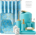 25 Pieces Bathroom Set Teal and Gold Bathroom Accessories Set, Shower Curtain and Rugs, Trash Can, Toilet Brush, Soap Dispenser, Soap Dish, Toothbrush Holder, Tumbler, Tray, Qtip Holder