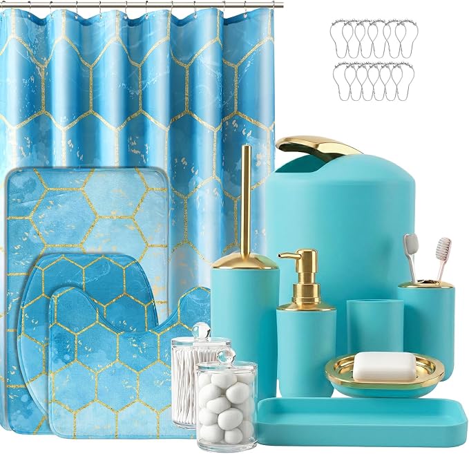 25 Pieces Bathroom Set Teal and Gold Bathroom Accessories Set, Shower Curtain and Rugs, Trash Can, Toilet Brush, Soap Dispenser, Soap Dish, Toothbrush Holder, Tumbler, Tray, Qtip Holder