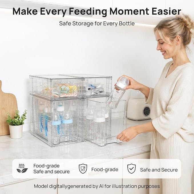 Vtopmart 8 Pack Clear Stackable Storage Drawers, Pull-Out Organizers, 4 Tall and 4 Small for Under Sink, Pantry, Bathroom, Closet and Kitchen Cabinets