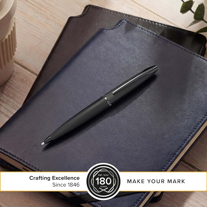 CROSS ATX Refillable Stainless Steel Ballpoint Pen with Diamond Pattern, Medium Ballpoint, includes Premium Gift Box and Black Cartridge, 1 Pack, Metallic Black