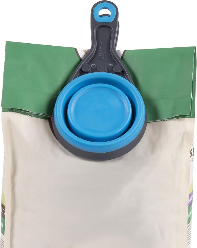 Dexas Popware for Pets Collapsible Klip Scoop, 3-in-1 Pet Food Scoop, Measuring Cup and Bag Clip, 1 Cup Capacity, Pro Blue