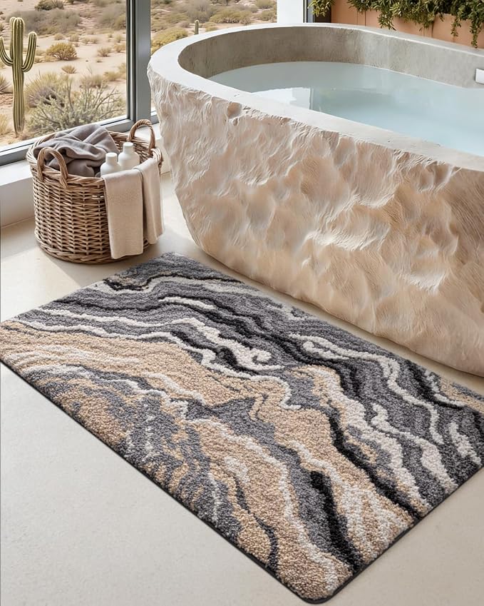 DEXI Bathroom Rug Mat 43x24, Soft and Absorbent Marble Bath Mat, Non Slip Machine Washable Bath Rugs for Shower Floor, Tub, Sink, Grey and Beige