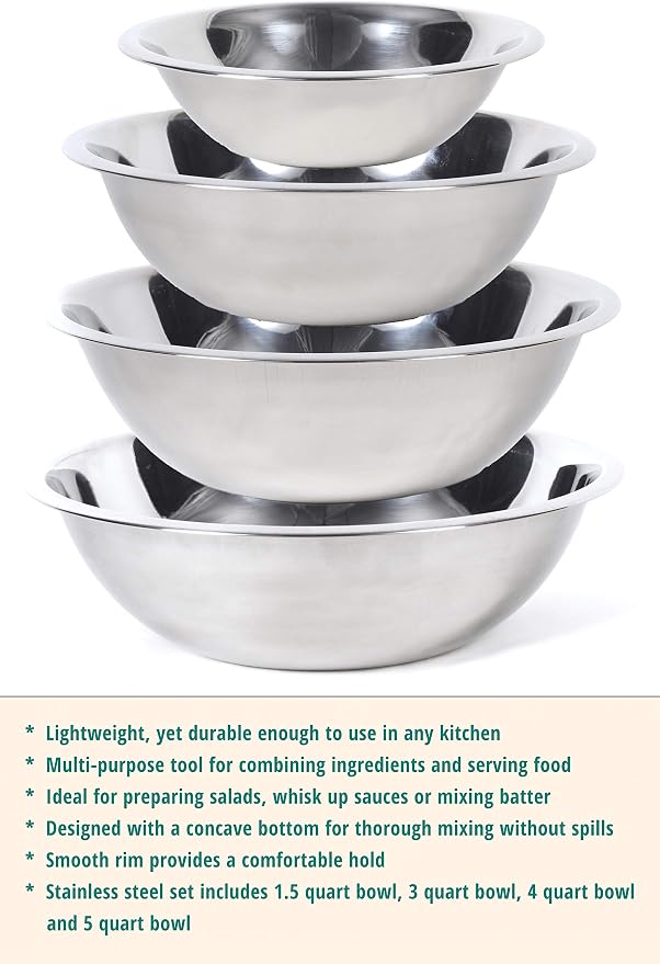 CucinaPrime Stainless Steel Mixing Set Mixing Bowls (1.5, 3, 4, and 5 Quart) Measuring Cups and Measuring Spoons