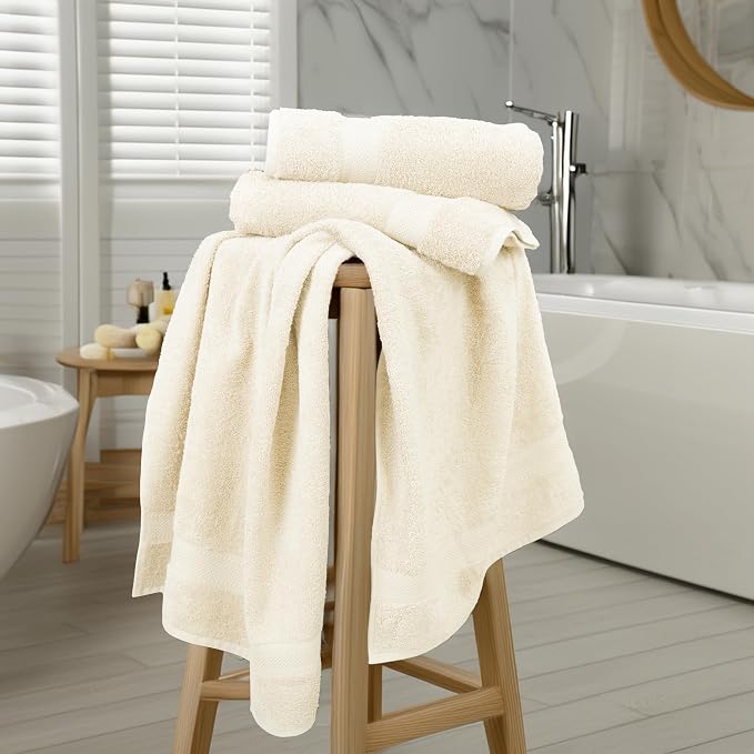Large Bath Towels Set of 6 – 100% Cotton Terry – 24" x 50" – Quick Dry, Soft & Highly Absorbent – Ivory Towels for Bathroom, Gym, Spa, Pool & Daily Use
