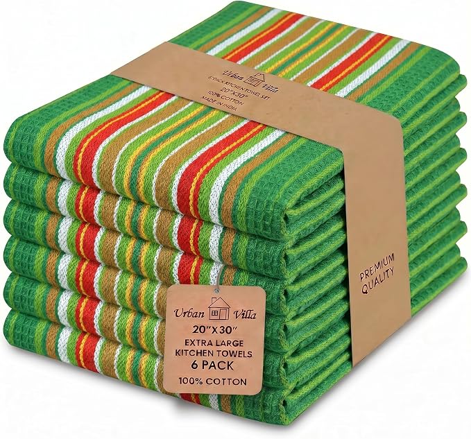 Urban Villa Kitchen Towels Waffle Stripes Dish Towels for Kitchen Leaf Green Set of 6 Kitchen Towels Highly Absorbent Cotton Over Sized 20X30 in with Mitered Corners Kitchen Hand Tea Towels
