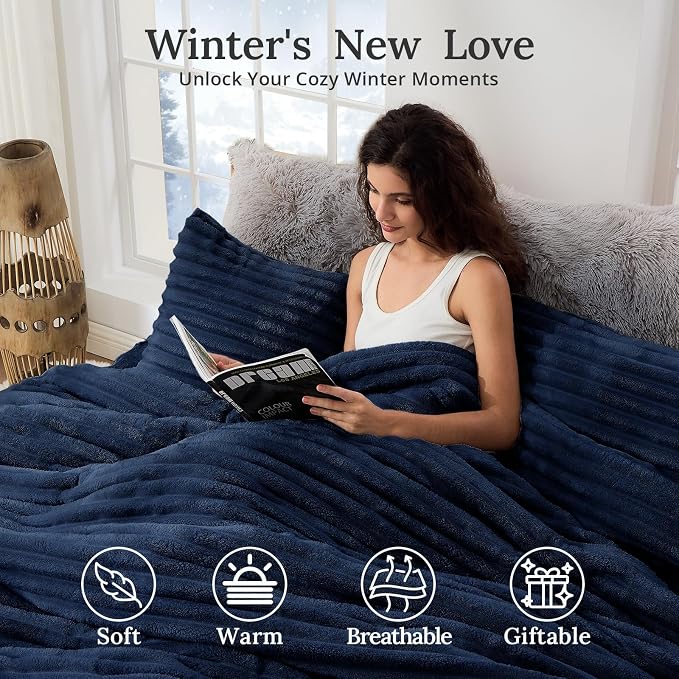 Sasttie King Comforter Set 3 Pieces - Super Soft Fleece Comforters King Size, 1 Luxury Warm Fuzzy Marshmallow Comforter with 2 Pillow Cases, Faux Fur Down Alternative Bedding Set, Marine Blue