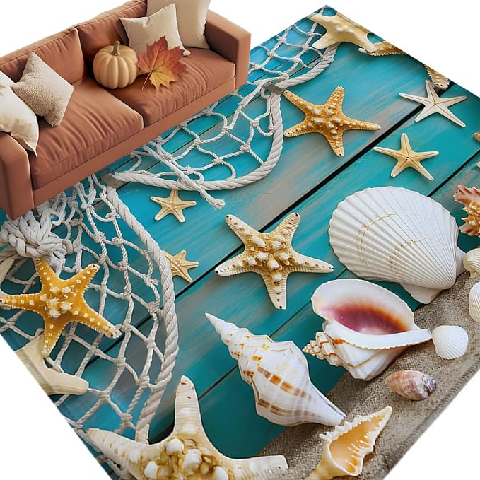 6 x 9 Ft Area Rugs for Dinging Room, Beach Starfish Indoor Accent Rugs for Living Room, Ocean Conch Fishing Net Blue Wood Grain Decorative Modern Carpet Washable Low Pile Non Slip Rug for Bedroom