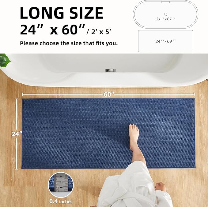 TYUU Bathroom Runner Rug, Long Bath Mat Washable Thin Quick Dry Low Pile Bathroom Runner Rugs 24 x 60 Non Slip, Navy Blue 24"x60"