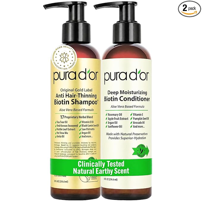 PURA D'OR Anti-Thinning Biotin Shampoo and Conditioner, CLINICALLY TESTED Effective Results, Herbal Blend Thickening Products For Women & Men, Original Gold Label Set, Natural Earthy Scent, 8oz x2