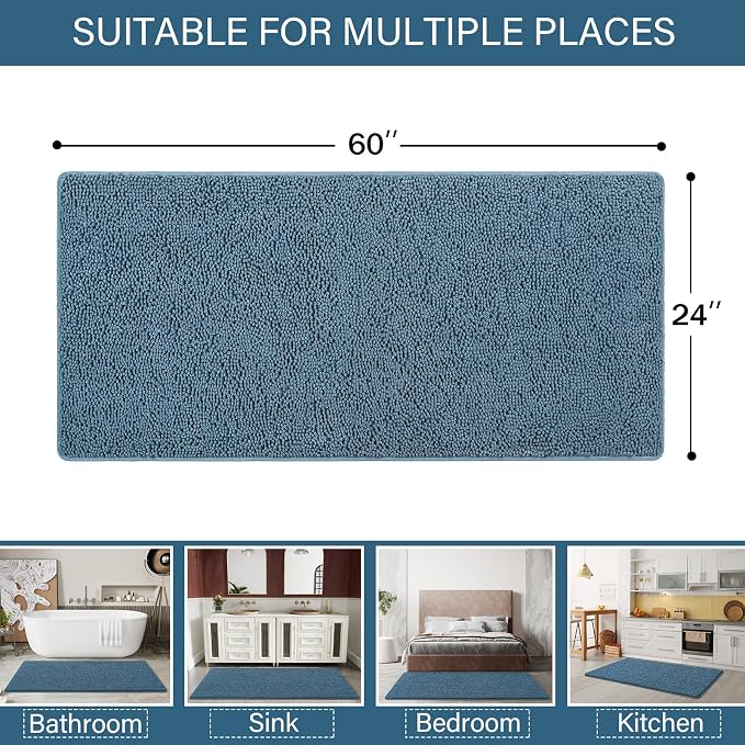 LOCHAS Luxury Bathroom Rug Shaggy Bath Mat 24 x 60 Inch, Denim Blue | Washable Non Slip Bath Rugs for Bathroom Shower, Soft Plush Chenille Absorbent Carpets