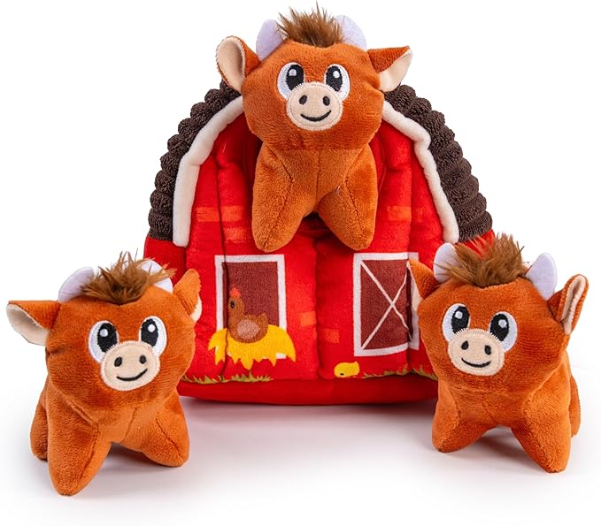 Outward Hound Hide-A-Cow Dog Toy, 2-in-1 Interactive Hide & Seek Plush Puzzle with Barn & 3 Squeaky Highland Cows