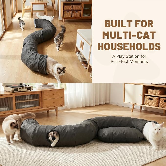 Extra Large Cat Tunnel, Cooling Natural Linen Big Tunnel for Large Cats, 47.2in Multi-Cat Family Long Cat Tunnel Bed with Washable Mat, Breathable & Durable Big Cat Tunnel for Cats, Dark Grey