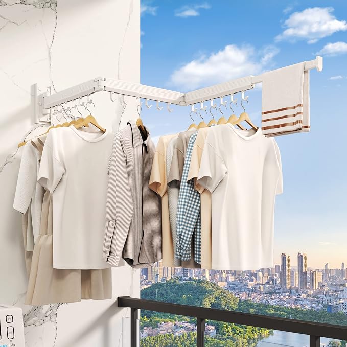 Wall Mounted Tri-Fold Clothes Drying Rack, Heavy Duty Collapsible Laundry Drying Rack, Space-Saving Retractable Foldable Drying Rack Clothes for Laundry Room Balcony Bathroom,White-Hooks
