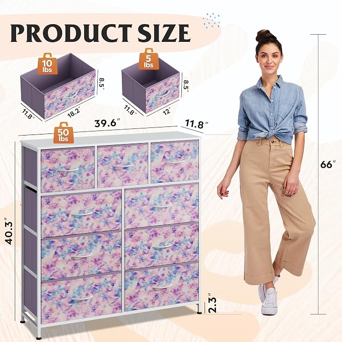 WLIVE 9 Drawer Dresser, Fabric Storage Tower for Bedroom, Hallway, Closet, Tall Chest Organizer Unit for Bedroom with Fabric Bins, Steel Frame, Wood Top, Tie-dye Print (Pink, Purple, Blue)
