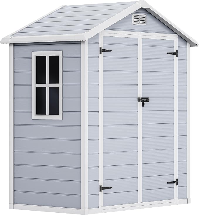 DWVO 6X4FT Resin Storage Shed with Reinforced Floor, Outdoor Storage Shed with Lockable Door, Window & Vents, Waterproof Plastic Tool Shed for Garden Backyard, Patio