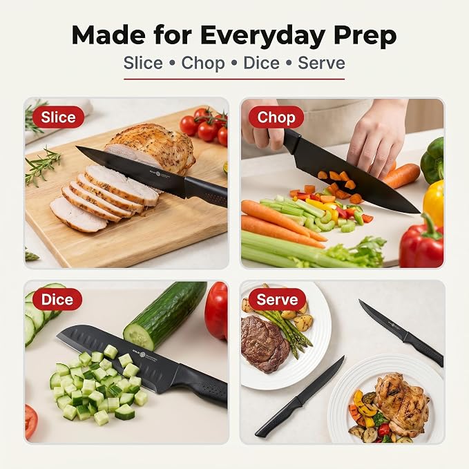 Knife Set, 15-Piece Kitchen Knife Set with Block and Built-in Sharpener, Dishwasher Safe, Non-slip Handle, 6 Steak Knives, Black