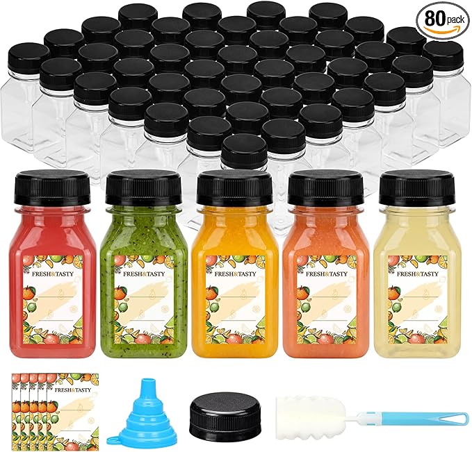 TOMNK 80pcs Juice Bottles with Caps, 4oz Plastic Containers with Lids Empty Reusable Clear Ginger Shots Bottles with Label, Funnel, and Brush Beverage for Juicing, Smoothies, Drinking, Fridge