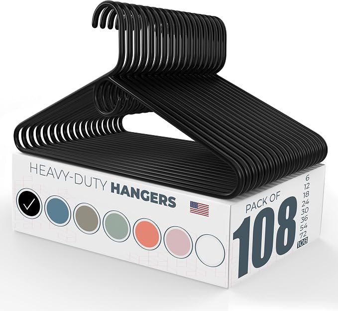 Heavy Duty Clothes Hangers 100 Pack (108 Count) – Made in the USA – 8lb Capacity Plastic Hangers for Adult Clothing – Durable for Pants, Coats, Jackets, or Jeans – Black